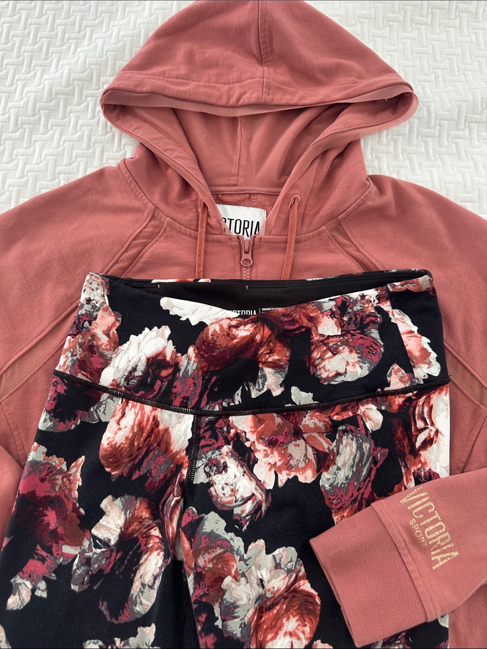 Victoria’s Secret Sport Dusty Rose Hoodie with matching Floral Black Leggings S